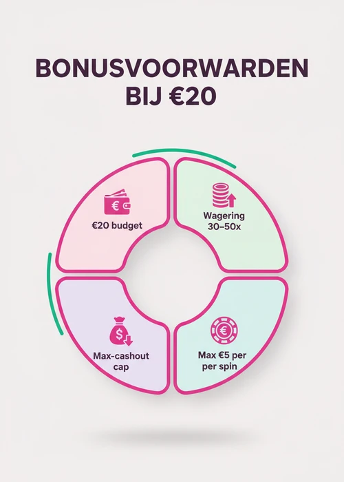 Afbeelding van een stapel fiches van 20 euro op een speeltafel met dobbelstenen en kaarten, symboliserend een lage storting bij een online casino.